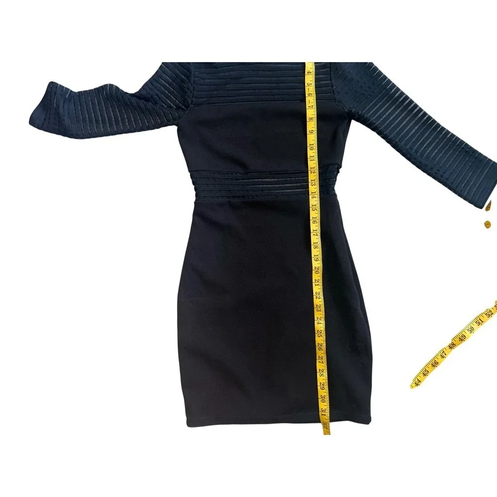 Black Mesh Sleeve Ponte Knit Bodycon Dress Sz S 3/4 Sleeve Minimalist Y2K Chic - Picture 5 of 9